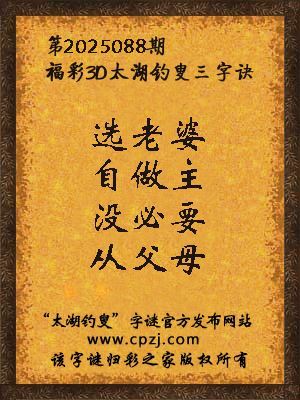 3d第2025088期太湖钓叟字谜：选老婆，自做主，没必要，从父母