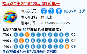 福彩3d第2015228期3d试机号号码是345