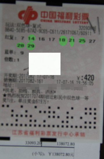 江苏省盐城市彩民盯住“7” 自编号喜中双色球银奖