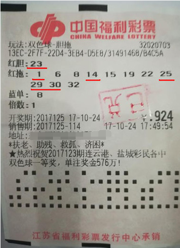 双色球第2017125期胆拖投注中奖票样