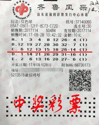 双色球第2017114期单式投注中奖票样