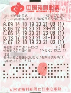 双色球第2017150期单式投注中奖票样