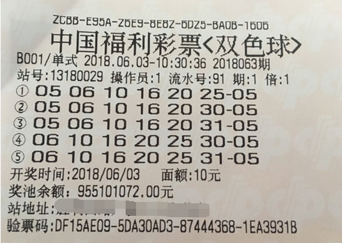 双色球第2018063期单式投注中奖票样