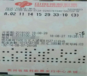双色球第2018100期单式投注中奖票样