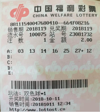 黑龙江佳木斯一张2元机选票 喜中双色球头奖604万