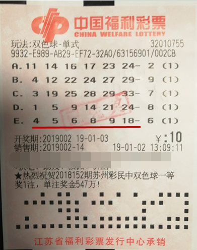 双色球第2019002期单式中奖详情票样