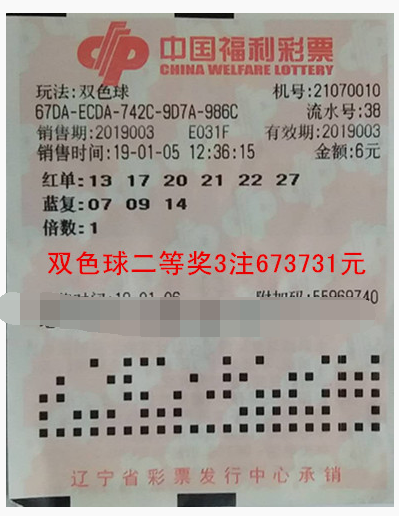 双色球第2019003期中奖详情票样