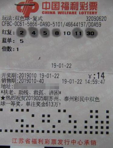 双色球第2019010期复式投注中奖票样
