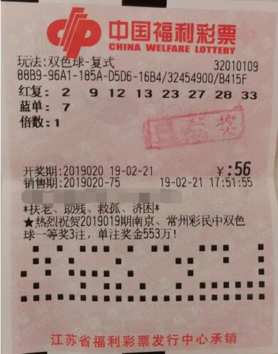 江苏南京夫妻同心协力 喜中双色球二等奖