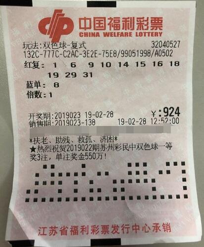 江苏常州福彩再出双色球二等奖 奖金6万元