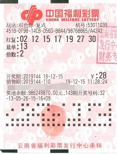 双色球第2019144期倍投中奖票样 双色球第2019144期倍投中奖票样