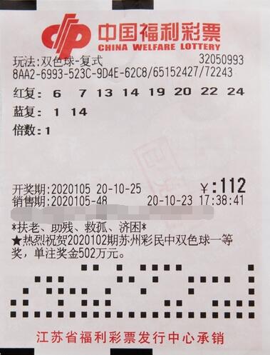 双色球第2020105期倍投中奖票样 双色球第2020105期倍投中奖票样