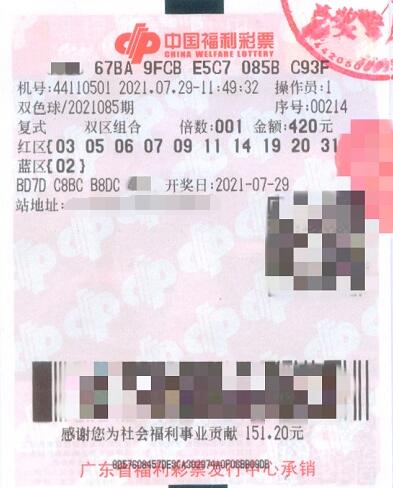 广东彩民“10+1”彩票中得双色球956万元大奖，每份36.5万元
