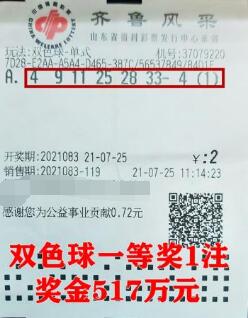 双色球第2021083期单式投注中奖票样 双色球第2021083期单式投注中奖票样