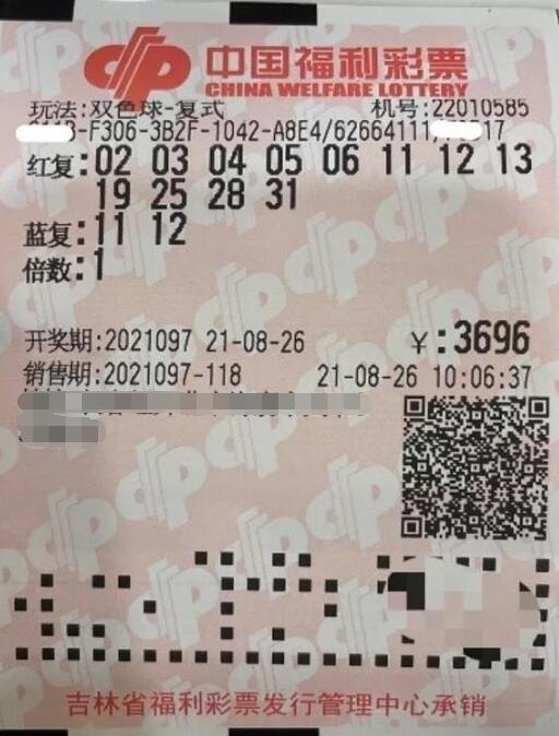 双色球第2021097期复式投注中奖票样 双色球第2021097期复式投注中奖票样