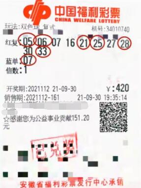 双色球第2021112期复式投注中奖票样