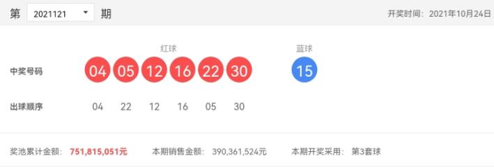 双色球第2021121期：头奖7注772万，奖池7.51亿