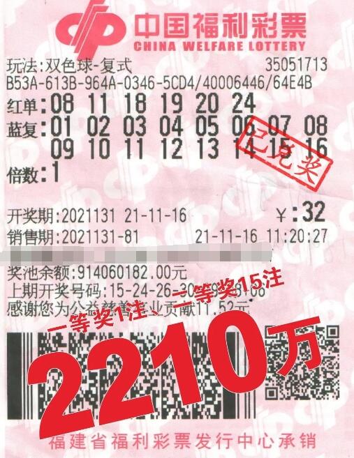 双色球第2021131期复式投注中奖票样