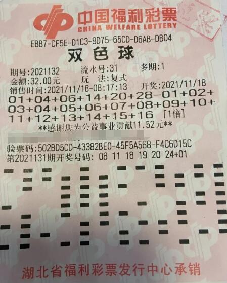 双色球第2021132期复式投注中奖票样 双色球第2021132期复式投注中奖票样