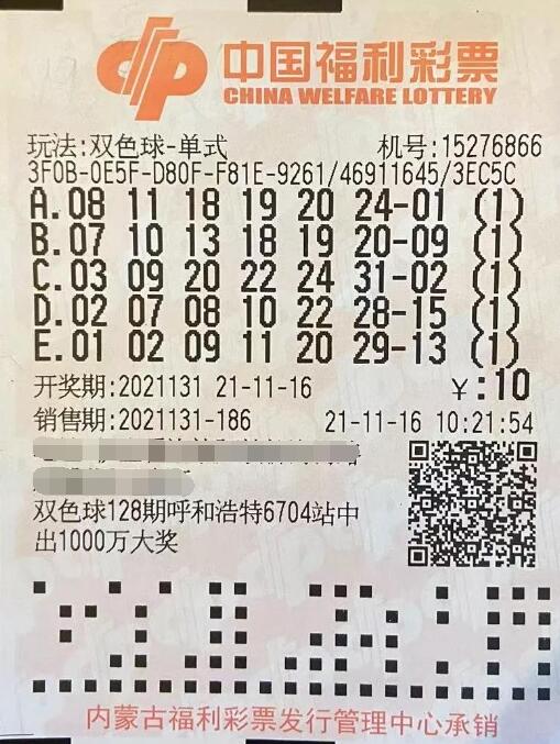 双色球第2021131期单式投注中奖票样 双色球第2021131期单式投注中奖票样