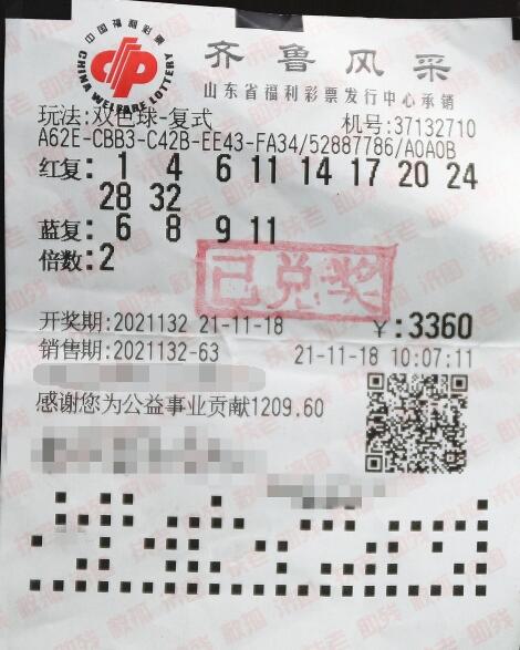 双色球第2021132期复式投注中奖票样