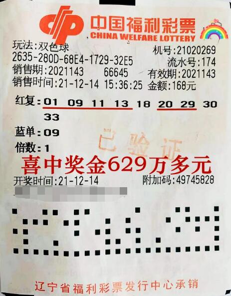 辽宁大连俩“外卖小哥”合买中双色球大奖629万