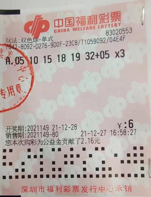 广东深圳小伙中双色球一等奖3注 总奖金2359万多元