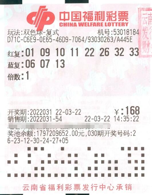 双色球第2022031期复式投注中奖票样 双色球第2022031期复式投注中奖票样