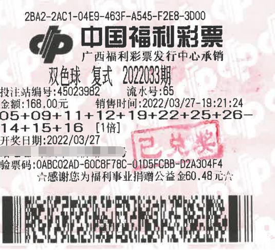 广西合伙购彩复式票喜中双色球二等奖3注