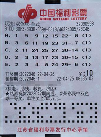 双色球第2022046期单式投注中奖票样 双色球第2022046期单式投注中奖票样