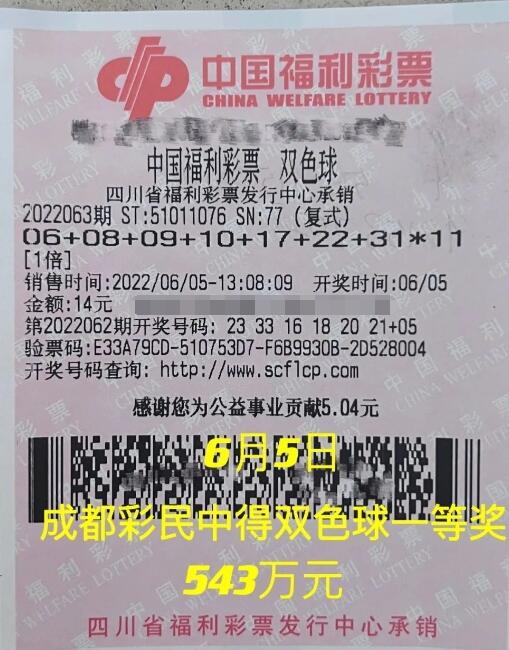 双色球第2022063期复式投注中奖票样 双色球第2022063期复式投注中奖票样