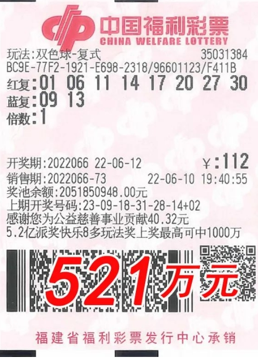 幸运降临！福建宁德购彩者8+2复式票喜提双色球521万元大奖