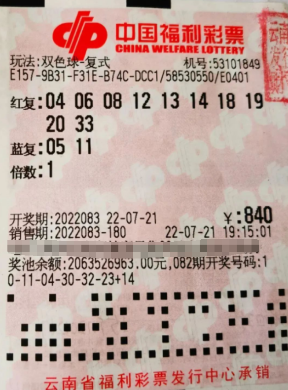 云南合买团中得双色球634万！每人40万！