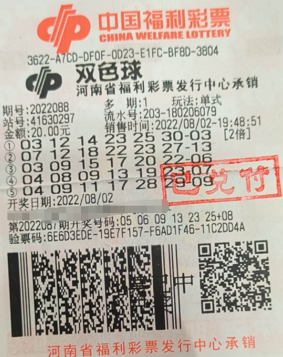 河南南阳彩民喜领双色球大奖1115万元