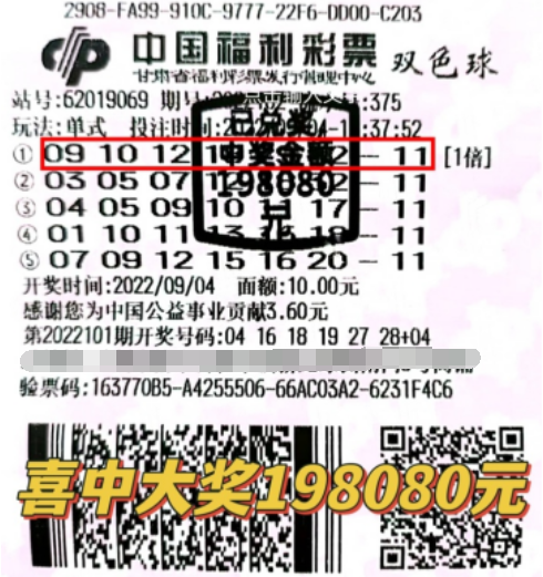 双色球第2022102期单式投注中奖票样