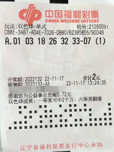 辽宁阜新彩友花费2元喜中双色球二等奖37万