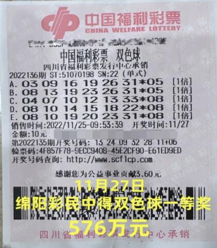 四川绵阳彩民领走576万元双色球大奖！快来沾好运！
