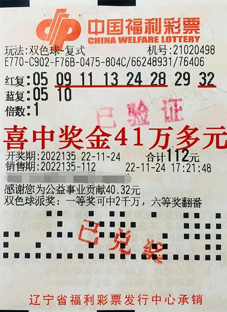 双色球第2022135期复式投注中奖票样 双色球第2022135期复式投注中奖票样