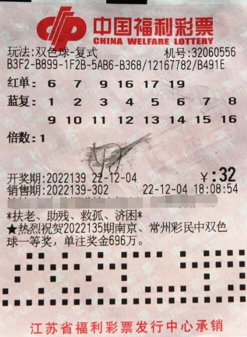 江苏南通彩民全蓝复式斩获双色球千万大奖