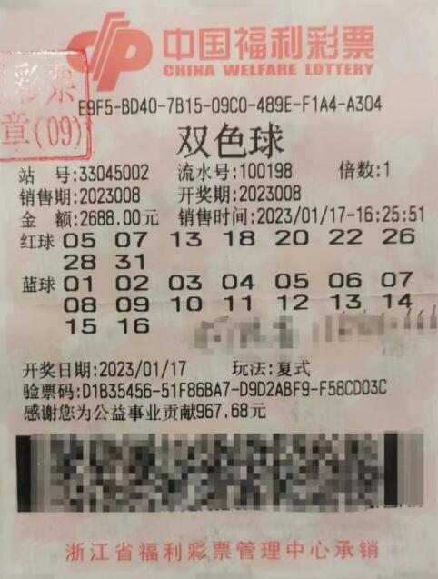 双色球第2023008期复式投注中奖票样