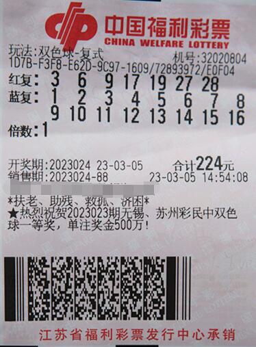 双色球第2023024期复式中奖票样 双色球第2023024期复式中奖票样