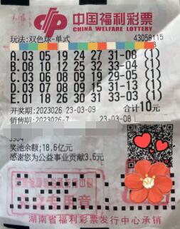 双色球第2023026期单式投注中奖票样