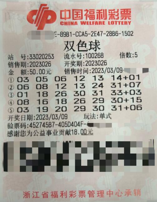 双色球第2023026期单式投注中奖票样
