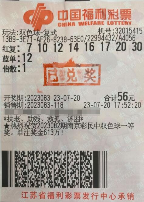 江苏南京彩民喜中双色球大奖798万多元
