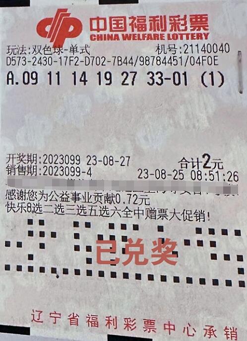 辽宁葫芦岛喜中双色球二等奖1注 奖金32万元