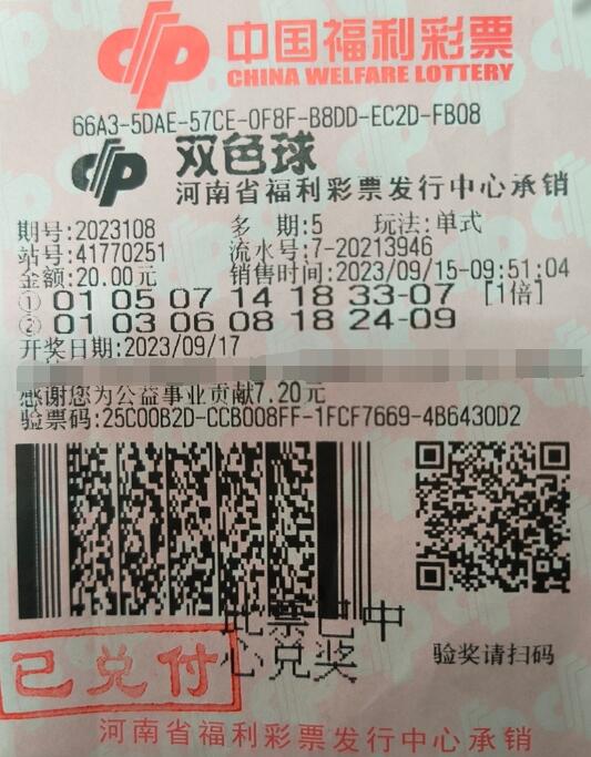 多期票投注，河南周口购彩者喜领双色球大奖600万元