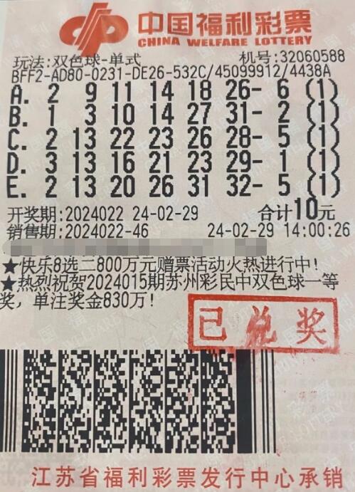 江苏南通彩民守号五期喜中双色球558万多元
