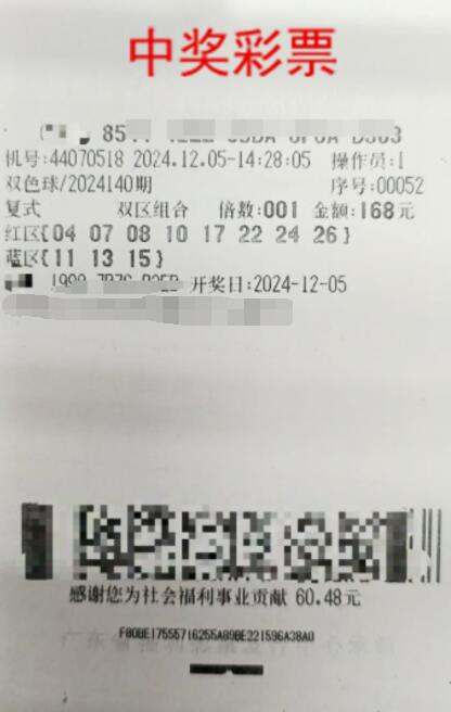 广东梅州市中出双色球一等奖