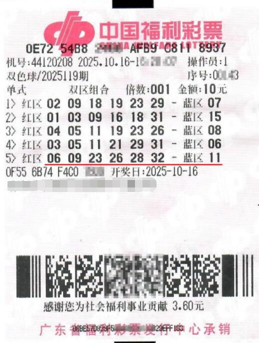 双色球第2025119期单式投注中奖票样 双色球第2025119期单式投注中奖票样