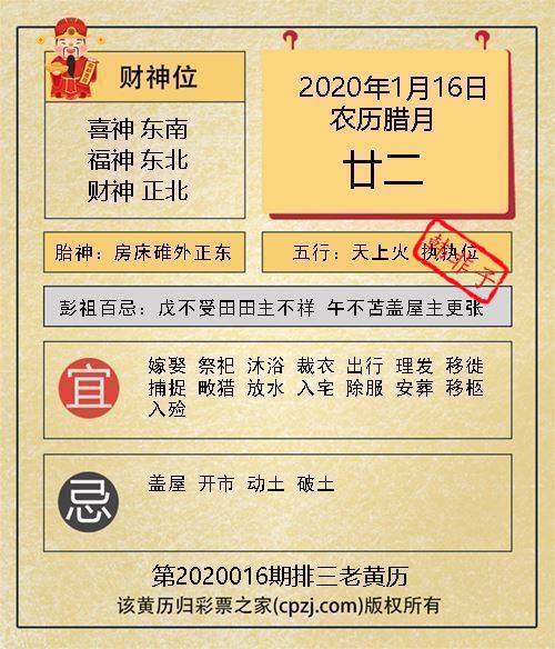 排列三第2020016期老黄历图谜：房床碓外正东